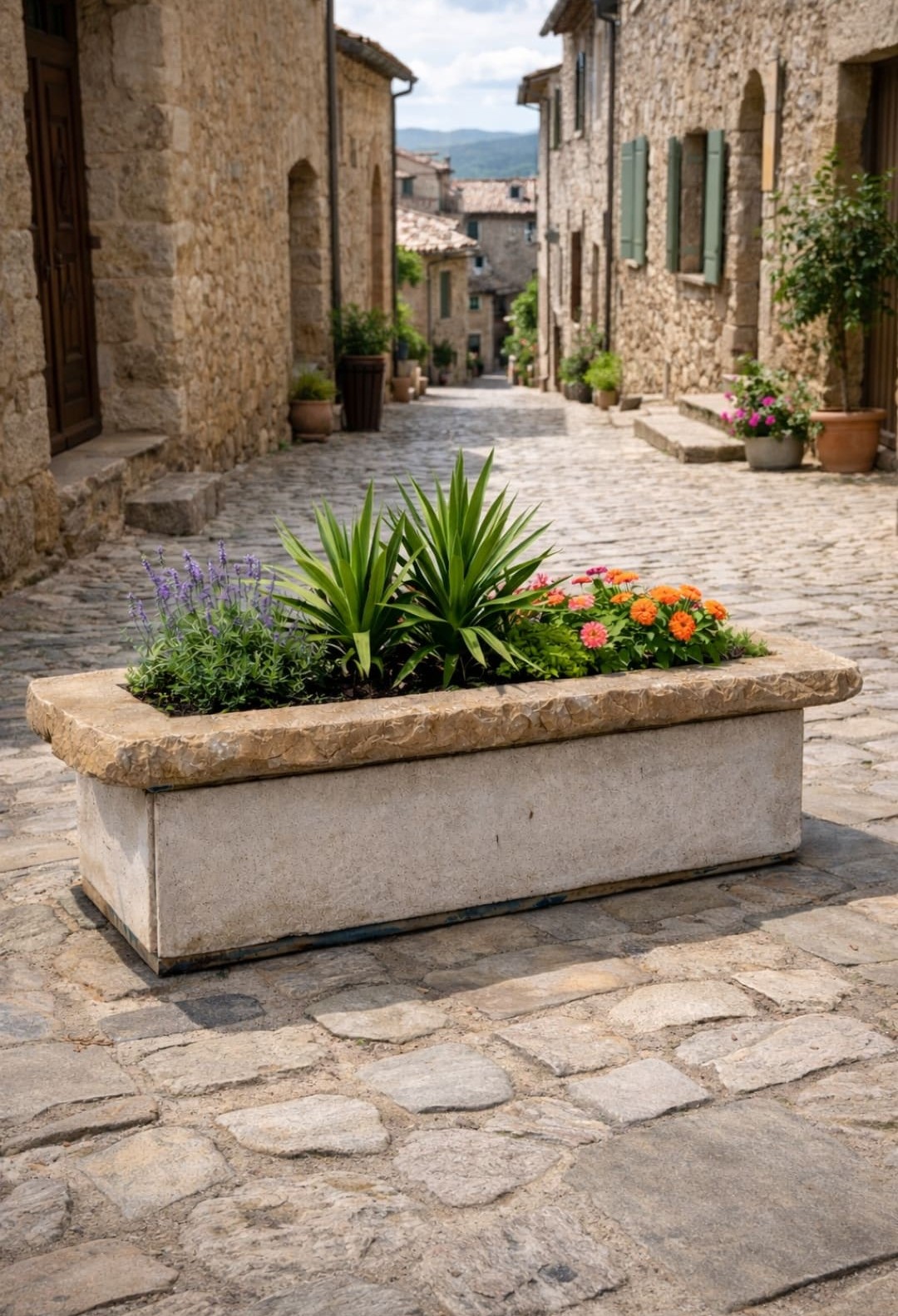 Bac en pierre fleuri mobilier-design-pierre-aveyron dans une ruelle de village ancien en Aveyron