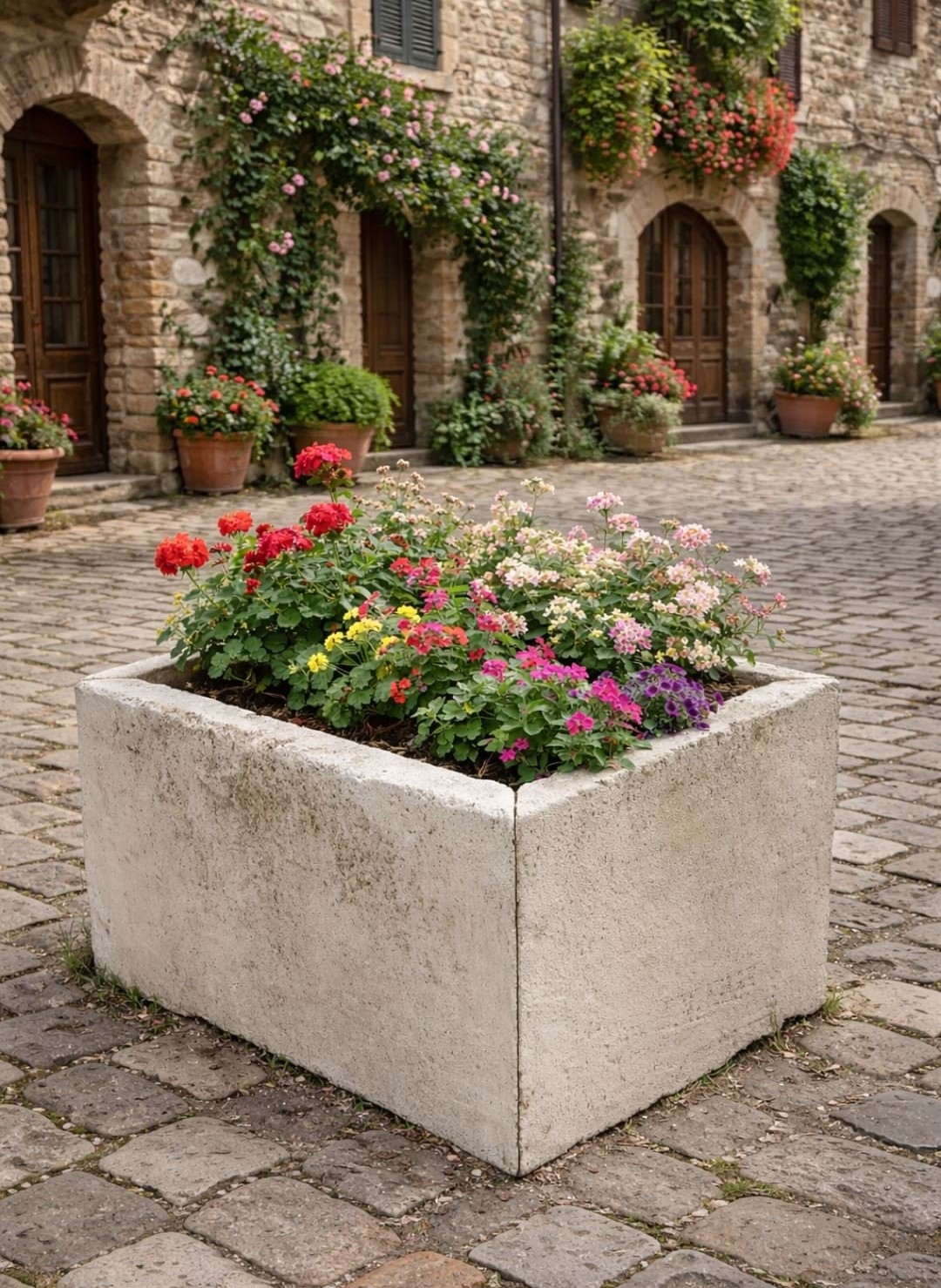 Jardinière béton fleurie sur cour pavée rustique par mobilier-design-pierre-aveyron en Aveyron