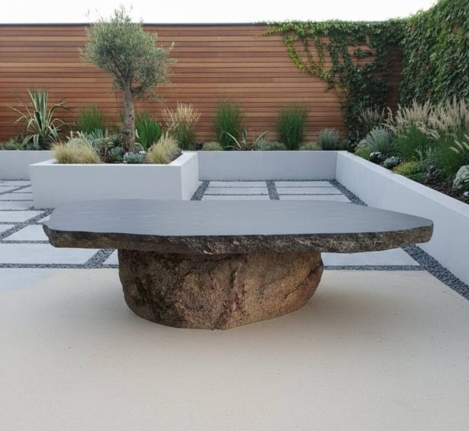 Table basse en pierre brute dans un jardin zen contemporain par mobilier-design-pierre-aveyron en Aveyron