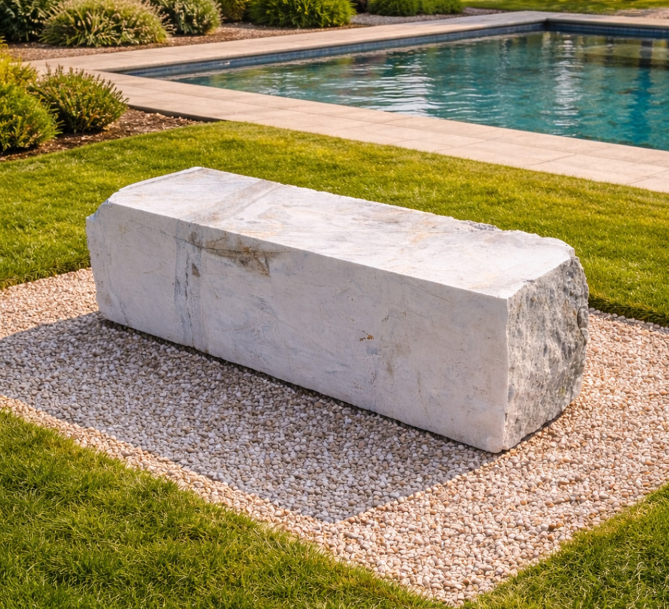 Banc contemporain en pierre blanche près d’une piscine, jardin design mobilier-design-pierre-aveyron en Aveyron